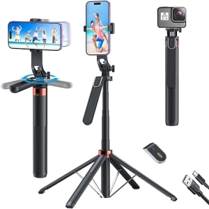 Professional Selfie Stick Tripod, Height Adjustable 1.8, 360-Degree Rotating, Foldable Design with Phone Mount, WIFI Compatible
